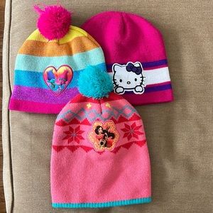 Three winter hats, Hello Kitty, Trolls and Elena
